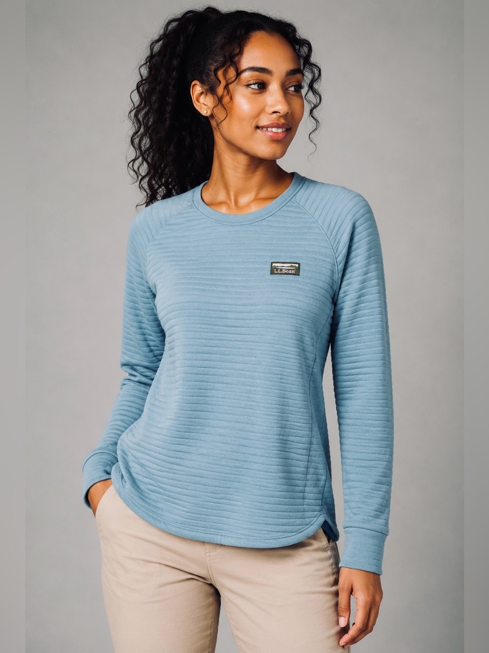 LL Bean Womens Ribbed Pullover Top Blue Long Sleeve Size Large
